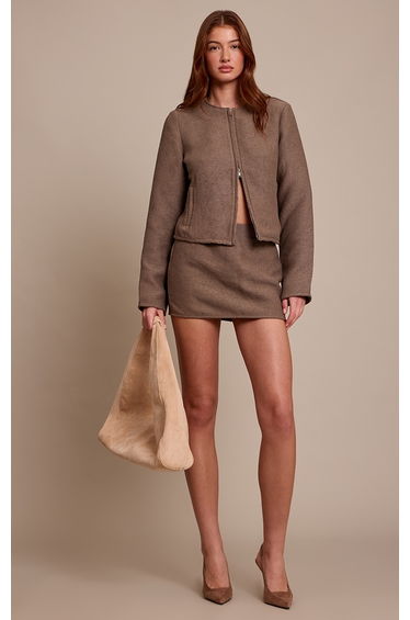 Mushroom Boucle Zip Up Bomber Jacket