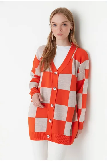 Orange Checkerboard Pattern Knitwear Cardigan