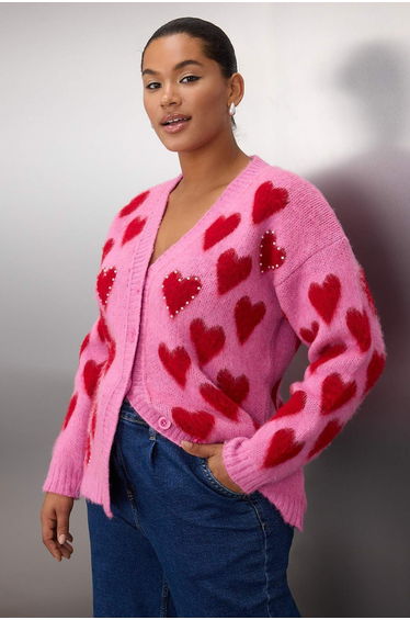 Pink Heart Patterned Pearl Soft Touch Knitwear Cardigan