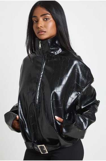 Tall Funnel Neck Patent Faux Leather Jacket - black