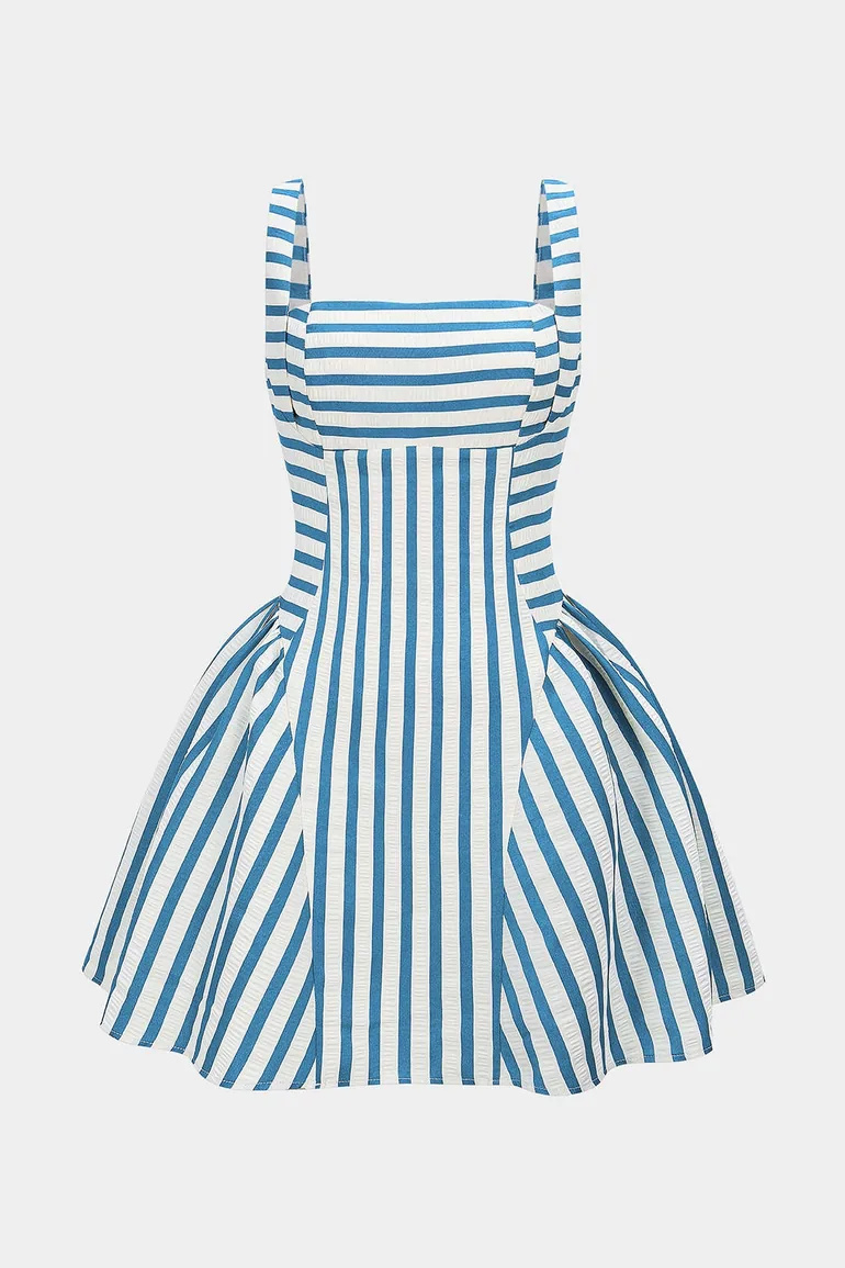 Stripes Print Square Neck Ruched Sleeveless Mini Dress
