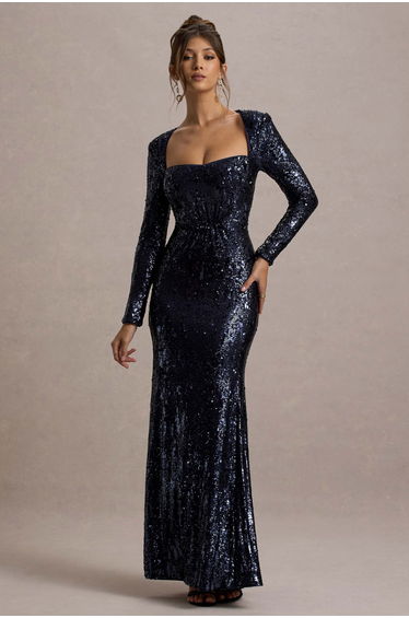 Ensley | Navy Sequin Sweetheart Long-Sleeve Maxi Dress