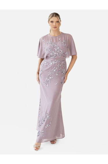Maya Moody Lilac Floral Embellished Angel Sleeve Maxi Dress