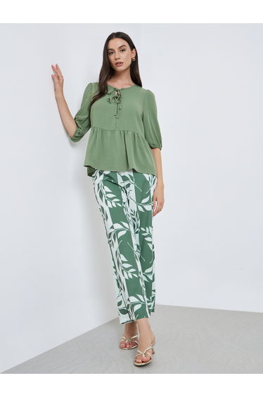 Ruffle Hem Tops and Leaf Printed Pants Set