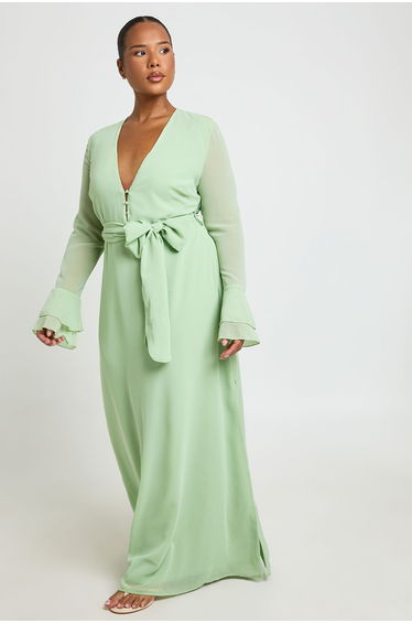 Plus Button Detail Ruffle Sleeve Maxi Dress - sage