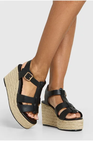 T Bar Espadrille Platform Wedges - black