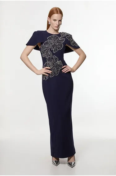 Tall Placed Floral Crystal Embellished Tailored Cape Maxi Dress