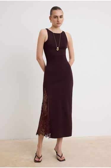 Burgundy Plain Maxi Maxi Crew Neck Body-Hugging Lace Detailed Knitwear Dress