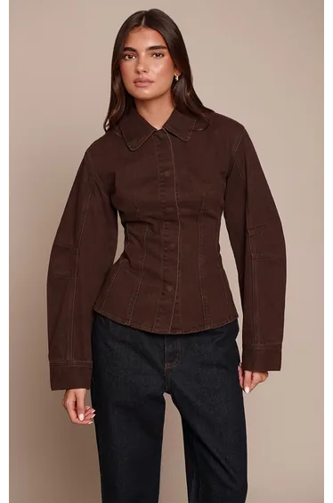 قميص دينيم بأكمام منفوخة - بني