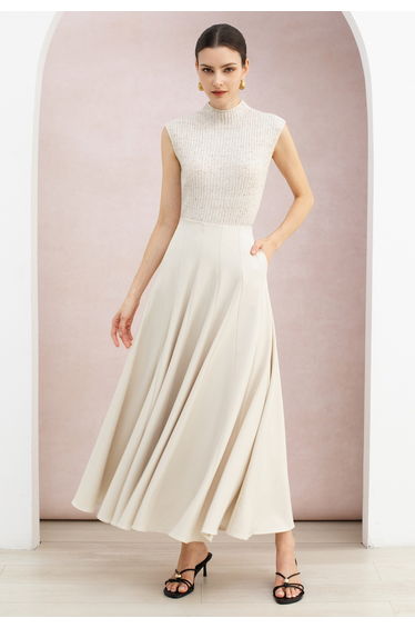 Muted Grace High-Waisted Paneled Flared Maxi Skirt in Ivory for Resort Evenings & Vacation Dinners