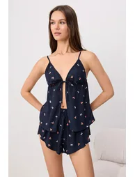 Navy Blue Floral Binding Detailed Viscose Woven Pajama Set