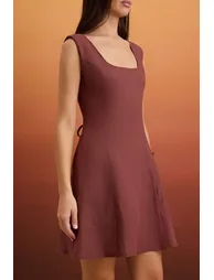 Brown 100% Linen Back Tie Detailed Short / Mini Woven Dress - 4