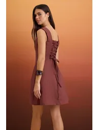 Brown 100% Linen Back Tie Detailed Short / Mini Woven Dress - 5