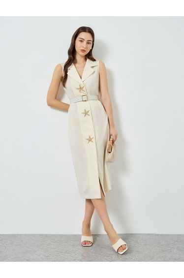 Women Beige Sleeveless Midi Dress with Starfish Detail