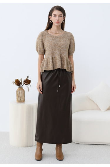 On-Duty Faux Leather Drawstring Shift Skirt in Chocolate