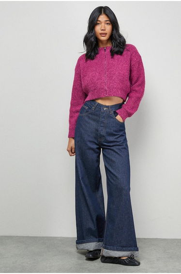 Zip Up Rib Crew Cardigan