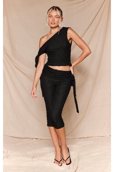 Black Lace Asymmetric Knot Detail Capri Co-ord