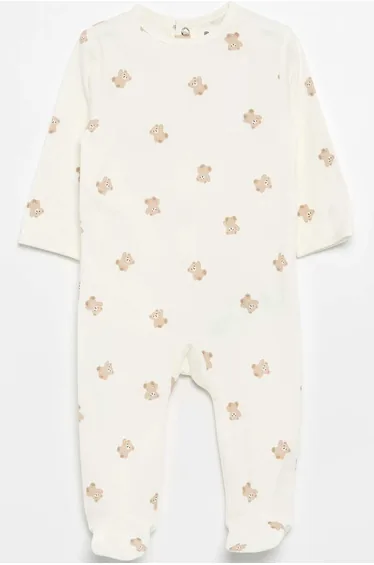 Cotton Jersey Teddy Bear Sleepsuit WHITE