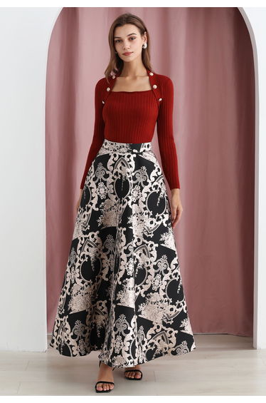 Button Embellished Square Neck Knit Top in Red