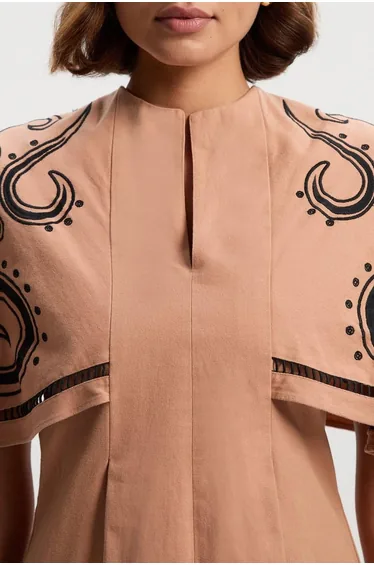 Baroque Embroidered Cape Sleeve Woven Twill Top