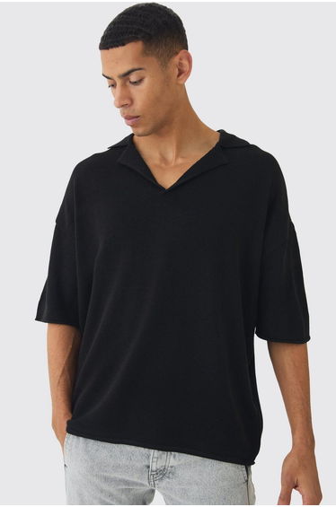 Oversized Dropped Shoulder Knitted Polo Shirt - black