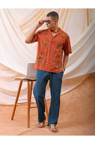 Men Rust Embroidered Resort Collar Shirt