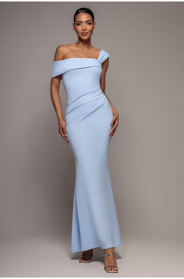 Off The Shoulder Pleated Waist Maxi Dress - Powder Blue by Goddiva