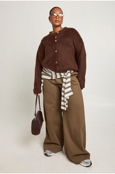 Plus Fluffy Crew Neck Cardigan - chocolate