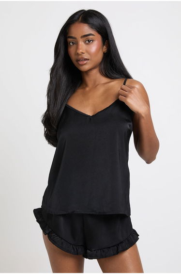 Satin Cami & Frill Detail Short Pyjama Set - black