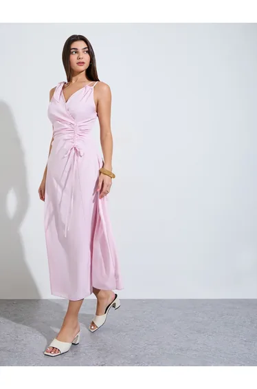 Pink Sleeveless Ruched A-Line Midi Dress