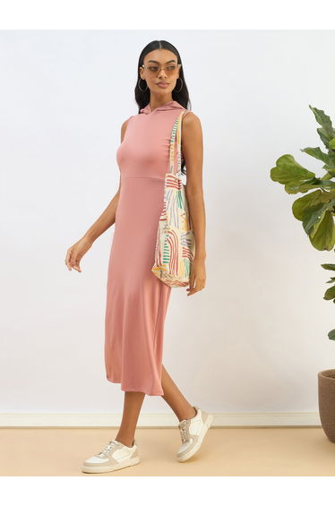 Pink Hooded Knit Bodycon Midi Dress