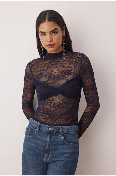 Navy Blue Plain Stand Collar Long Knitted Lace Party Blouse