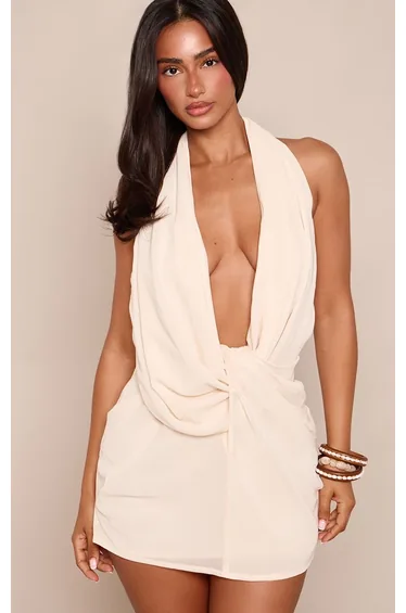 Petite Cream Chiffon Gathered Ruched Halterneck Mini Dress