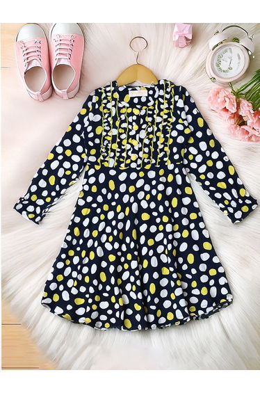 All-Over Print Ruffle Trim Cotton Dress with Lining