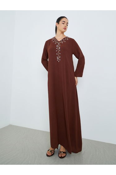 Women Brown Embroidered A-Line Jalabiya