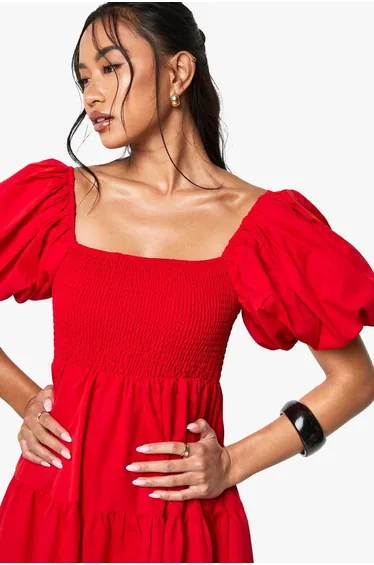 Tiered Shirred Midaxi Smock Dress - red