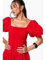 Tiered Shirred Midaxi Smock Dress - red - 3