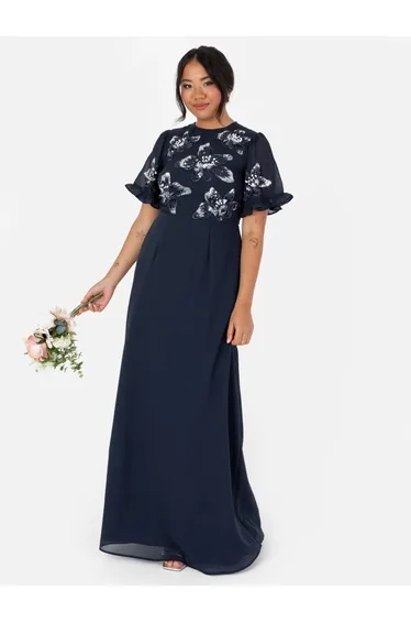 فستان شيفون بأكمام إينجيل مزين بأحجار بنقشة أزهار - كحلي