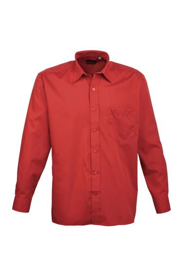 Premier Mens Long Sleeve Formal Plain Work Poplin Shirt - Red