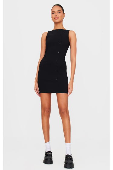 Black Stretch Woven Button Down Shift Dress