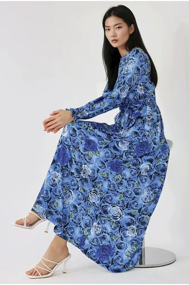 Floral Print Long Sleeve Maxi Dress with Belt