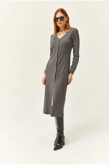 Women's Smoky V-Neck Buttoned Thick Ribbed Midi Dress