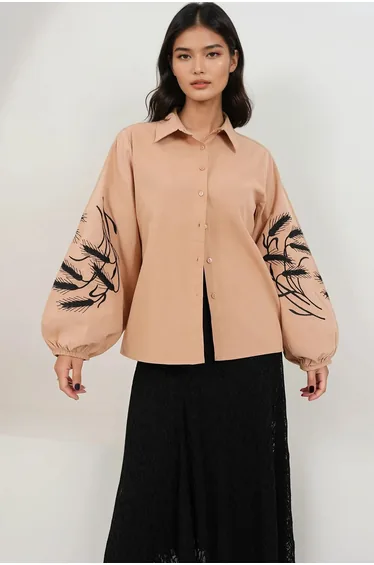 Women's Beige Embroidered Balloon Sleeve Poplin Shirt