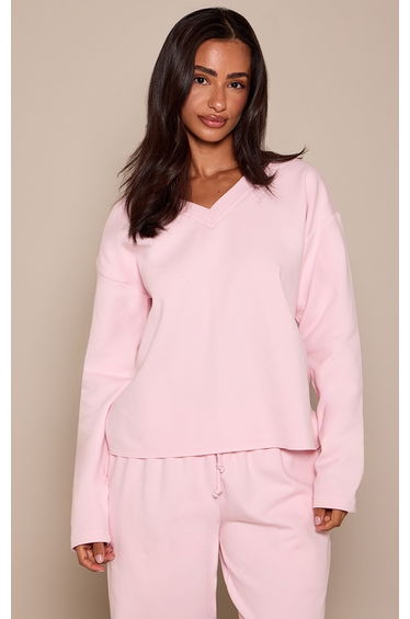 Petite Baby Pink V Neck Long Sleeve T-Shirt