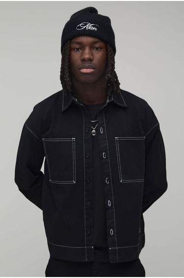 Regular Fit Contrast Stitch Twill Boxy Overshirt - black