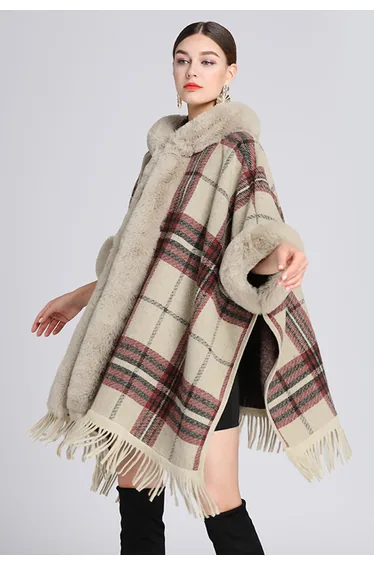 Plaid Fringe Faux Fur Hooded Poncho in Camel