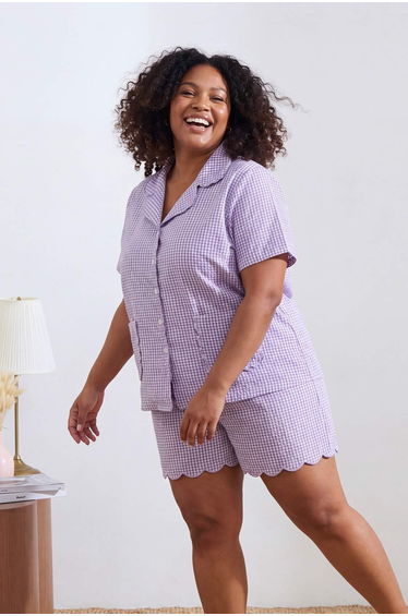 Lilac Checkered Piping Detailed Shirt Collar Woven Large Size Pajama Set