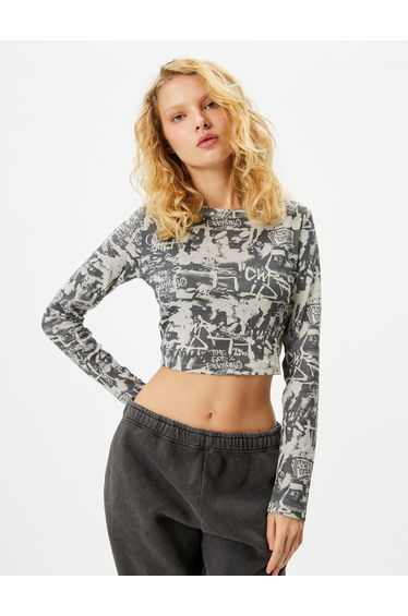 Crop Printed T-Shirt Long Sleeve Crew Neck Slim Fit Cotton