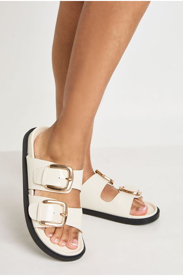 Double Buckle Footbed Sliders - ecru