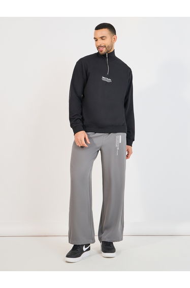 Quarter Zip Minimal Print High Neck Rib Relaxed Sweatshirt